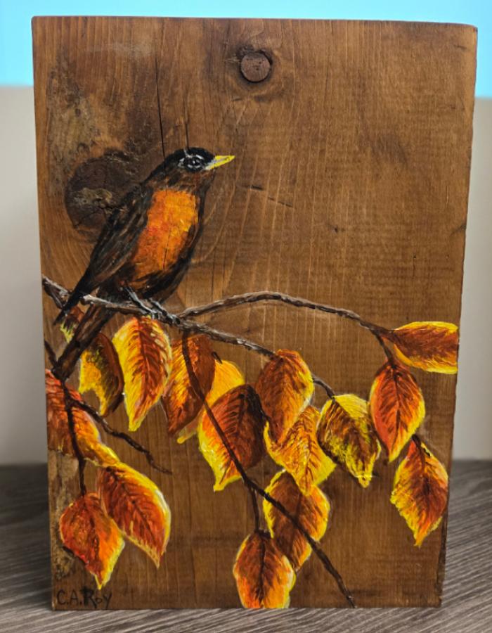 Robin & Autumn Leaves on Barnwood Urn Wooden Urns