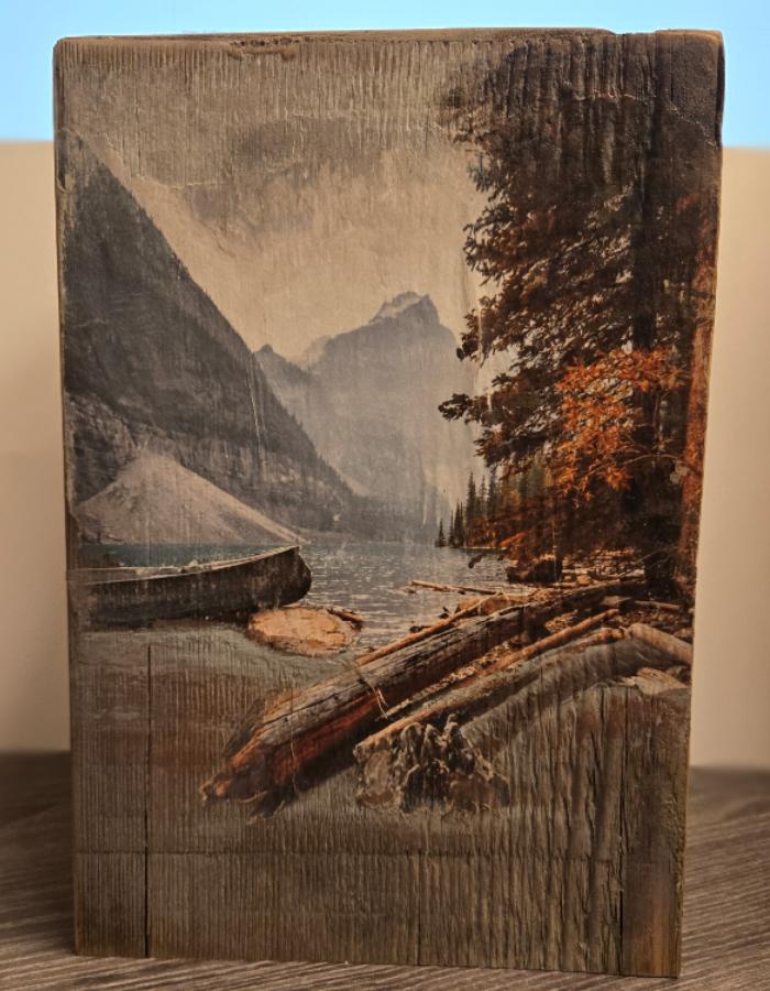 Mountain & Lake Scene on Barnwood Urn Wooden Urns